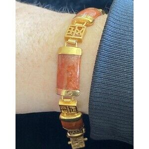 Vintage Chinese Jade Orange/Brown Gold Tone Signed JC Jewelry Bracelet